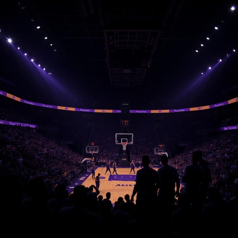 Basketball arena with a crowd in purple and gold
